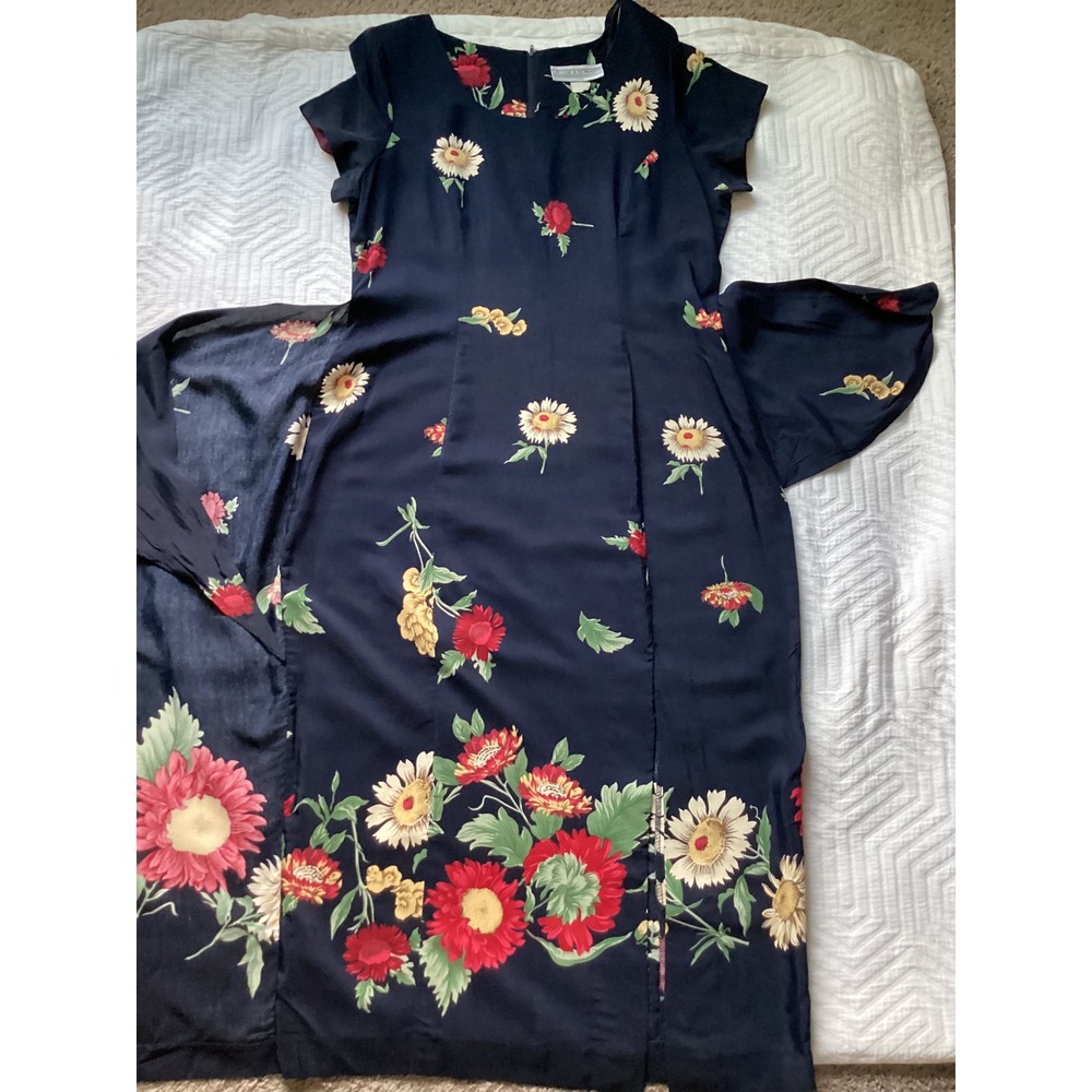 Jessica‎ Howard Vintage Navy Floral Midi Dress Rayon Size 12 Made in USA